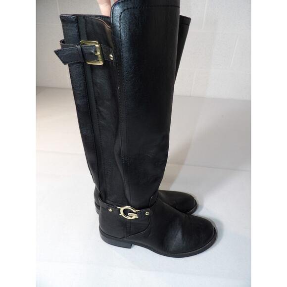 G by Guess Womens Tall Black Riding Boots 7M Faux Leather Logo Buckle Zip Moto - Picture 6 of 16